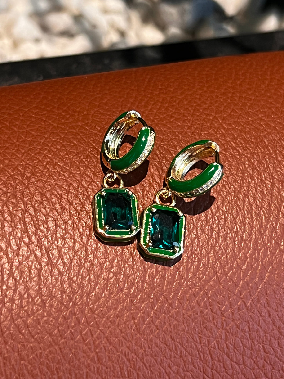 Candy earring hoop and gemstone drop up close