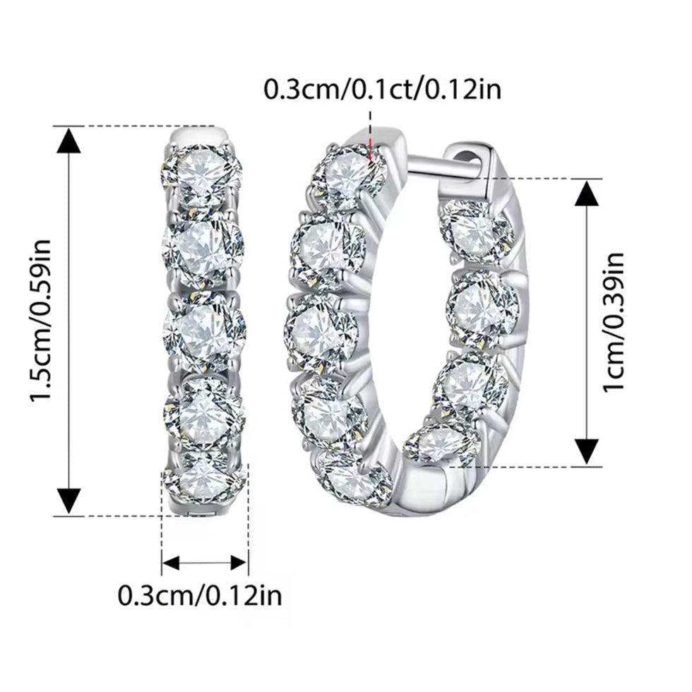 Silver hoop earrings with clear round-cut stones, shown with dimension labels indicating a height of 1.5cm (0.