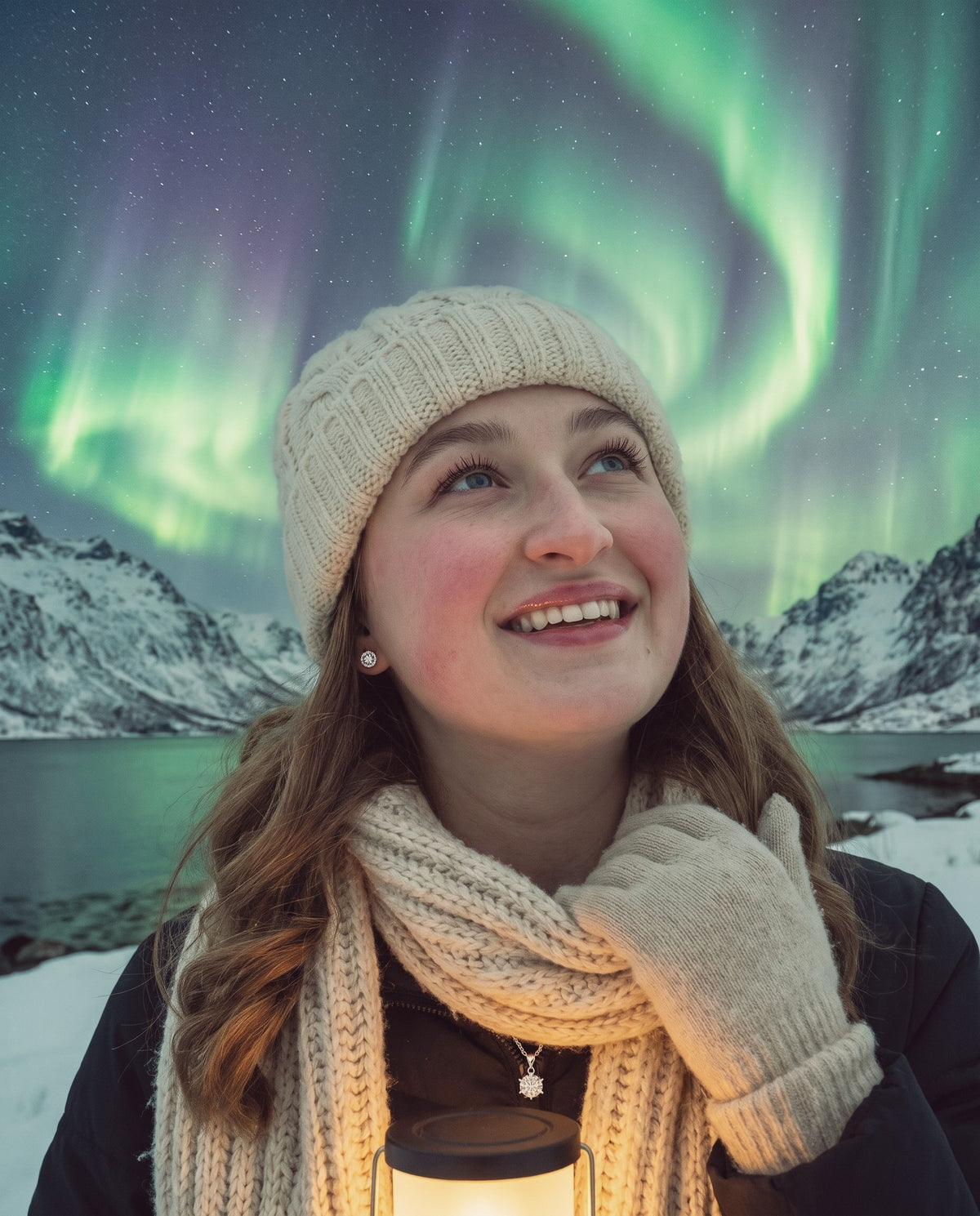 Woman smiling under the northern lights in a cream knit hat and scarf, wearing moissanite stud earrings and a pendant necklace