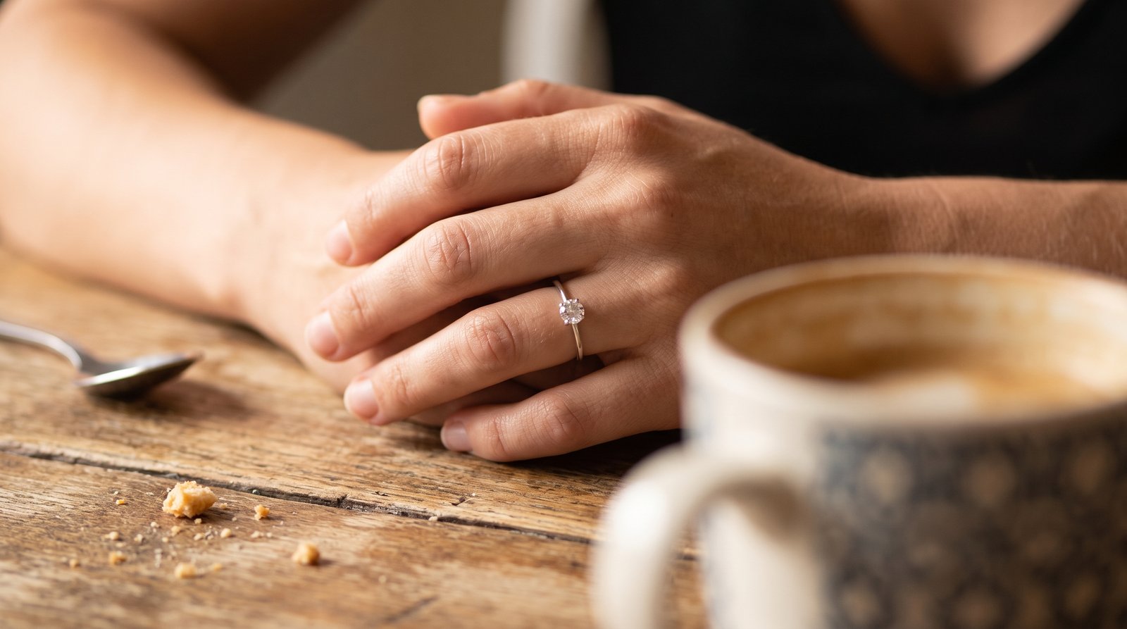 A modest solitaire ring on a hand at a cafe table