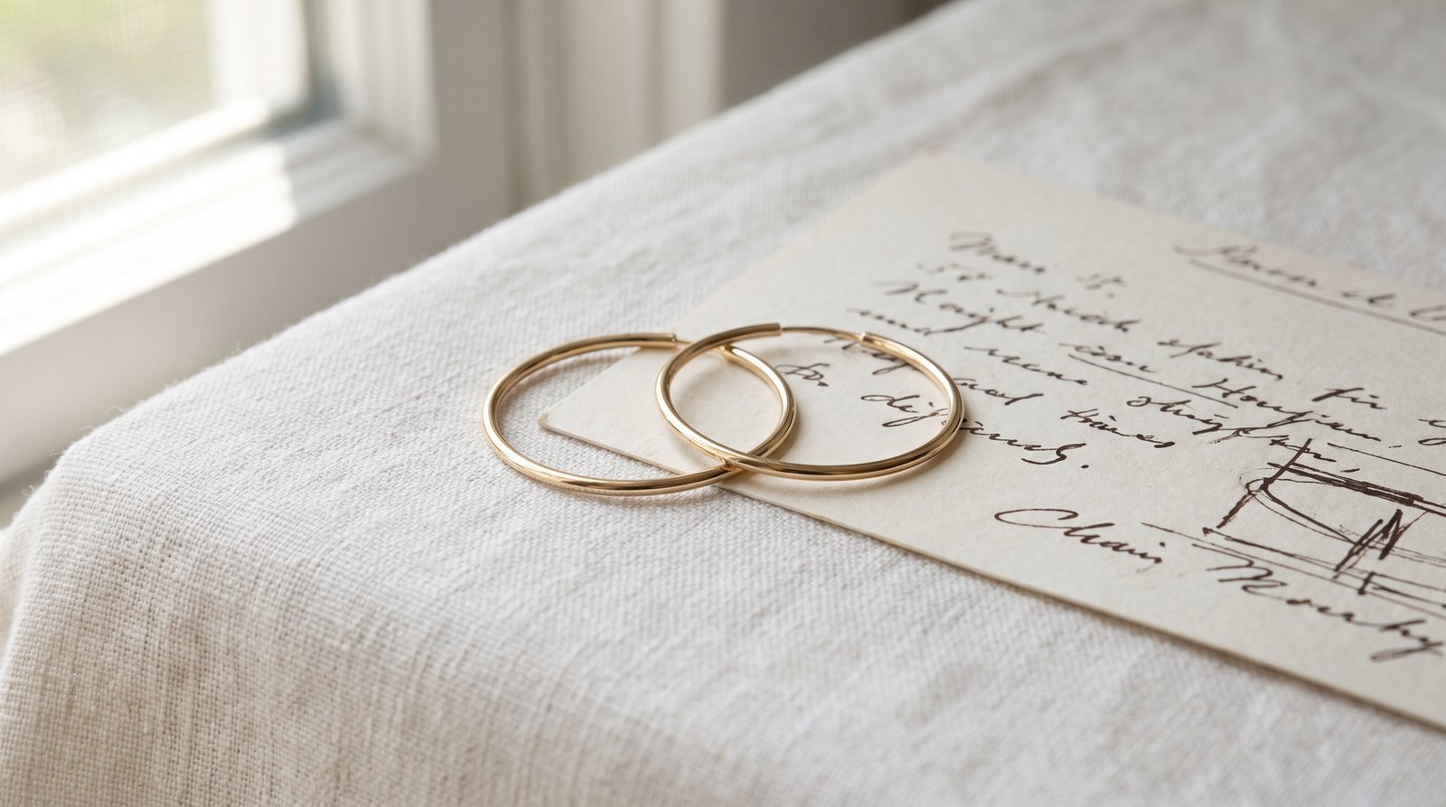 Gold filled hoop earrings on linen next to a note