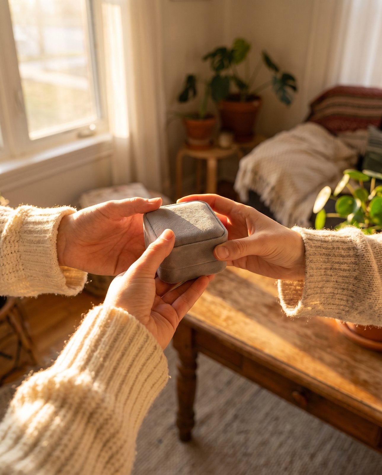 Two people exchanging a small grey velvet jewellery box