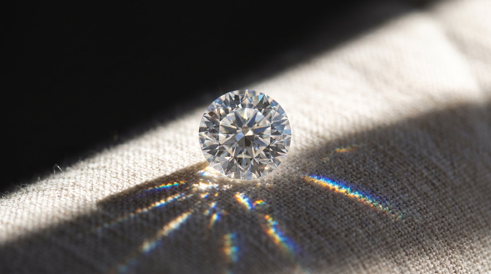 A lab-grown moissanite stone catching rainbow fire on linen