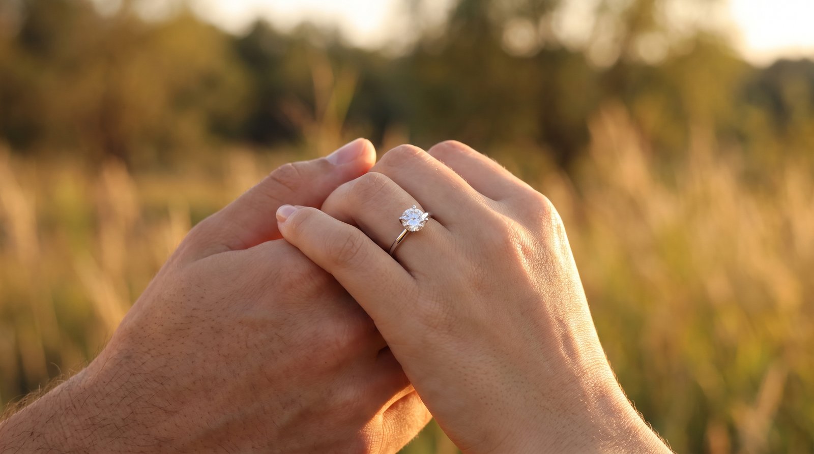 Couple's hands at golden hour, a moissanite solitaire ring on her finger