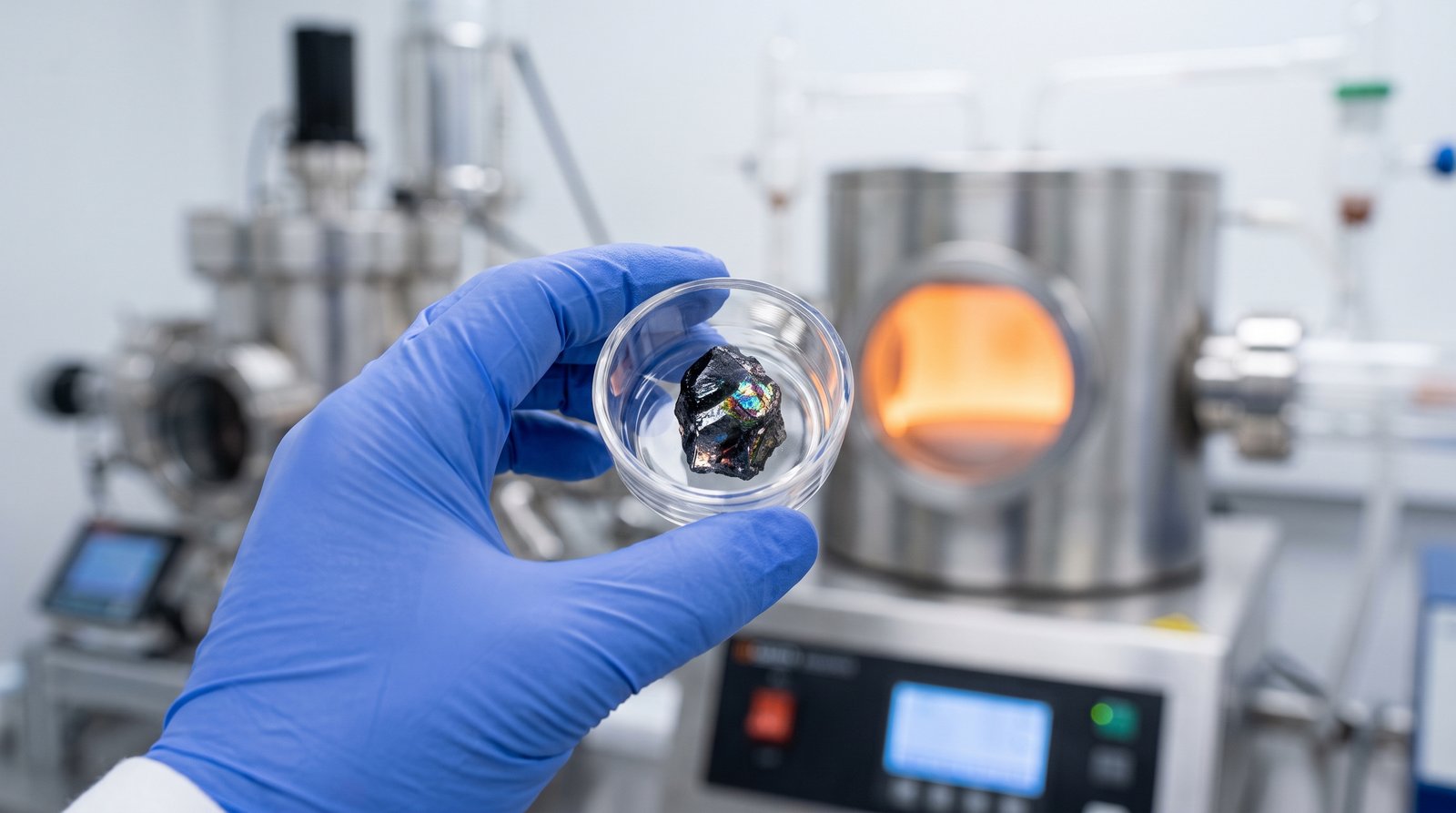 A rough silicon carbide crystal held in a crucible inside a crystal-growth laboratory