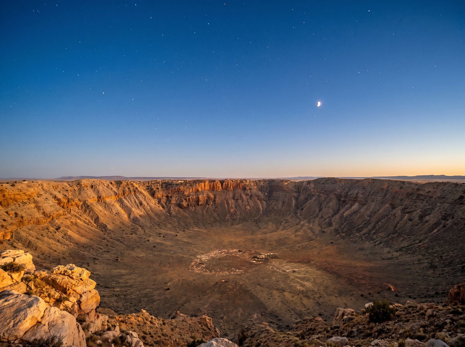 Meteor Crater in the Arizona desert at dusk