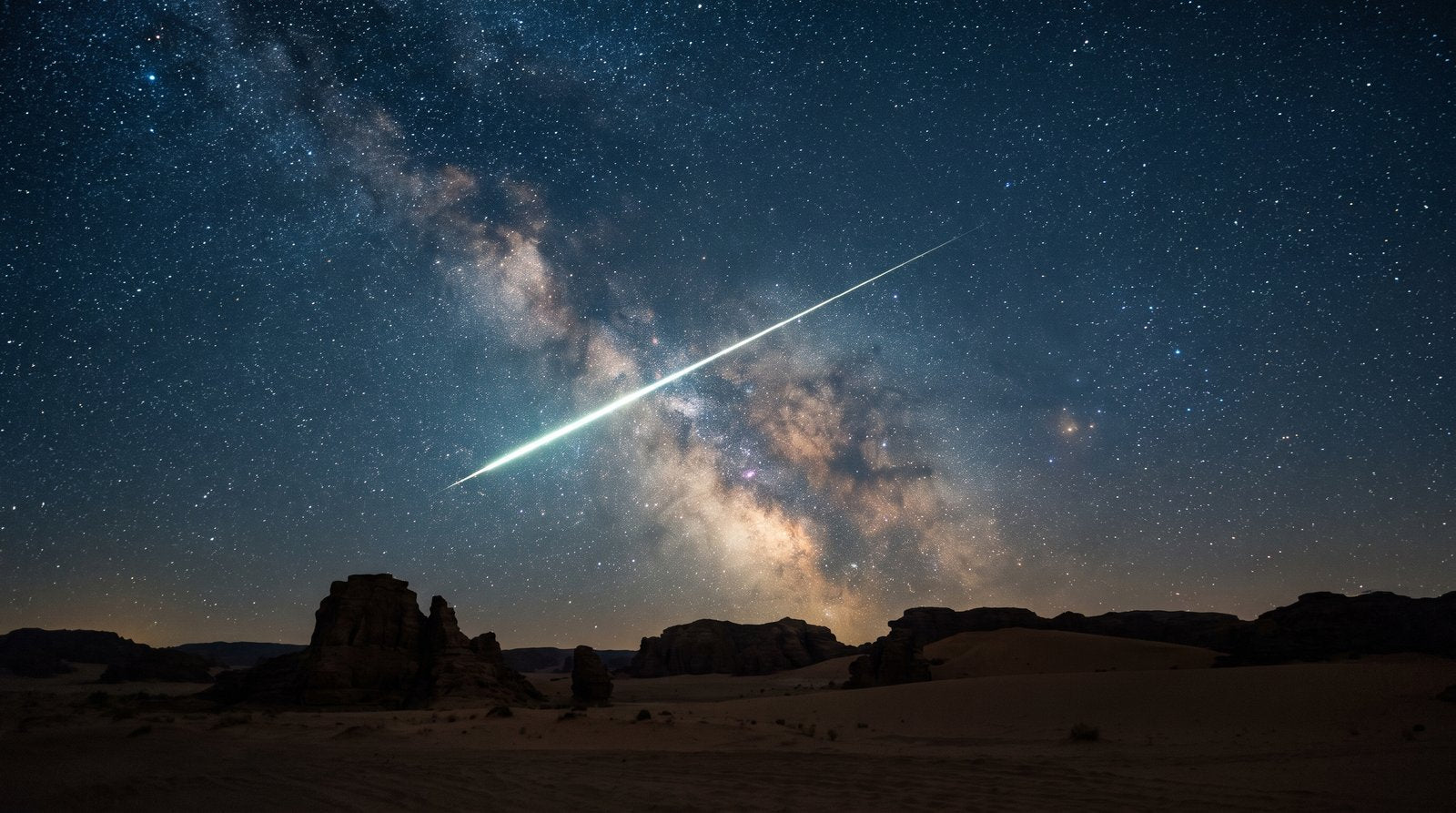 A meteor streaking across a star-filled night sky over the desert