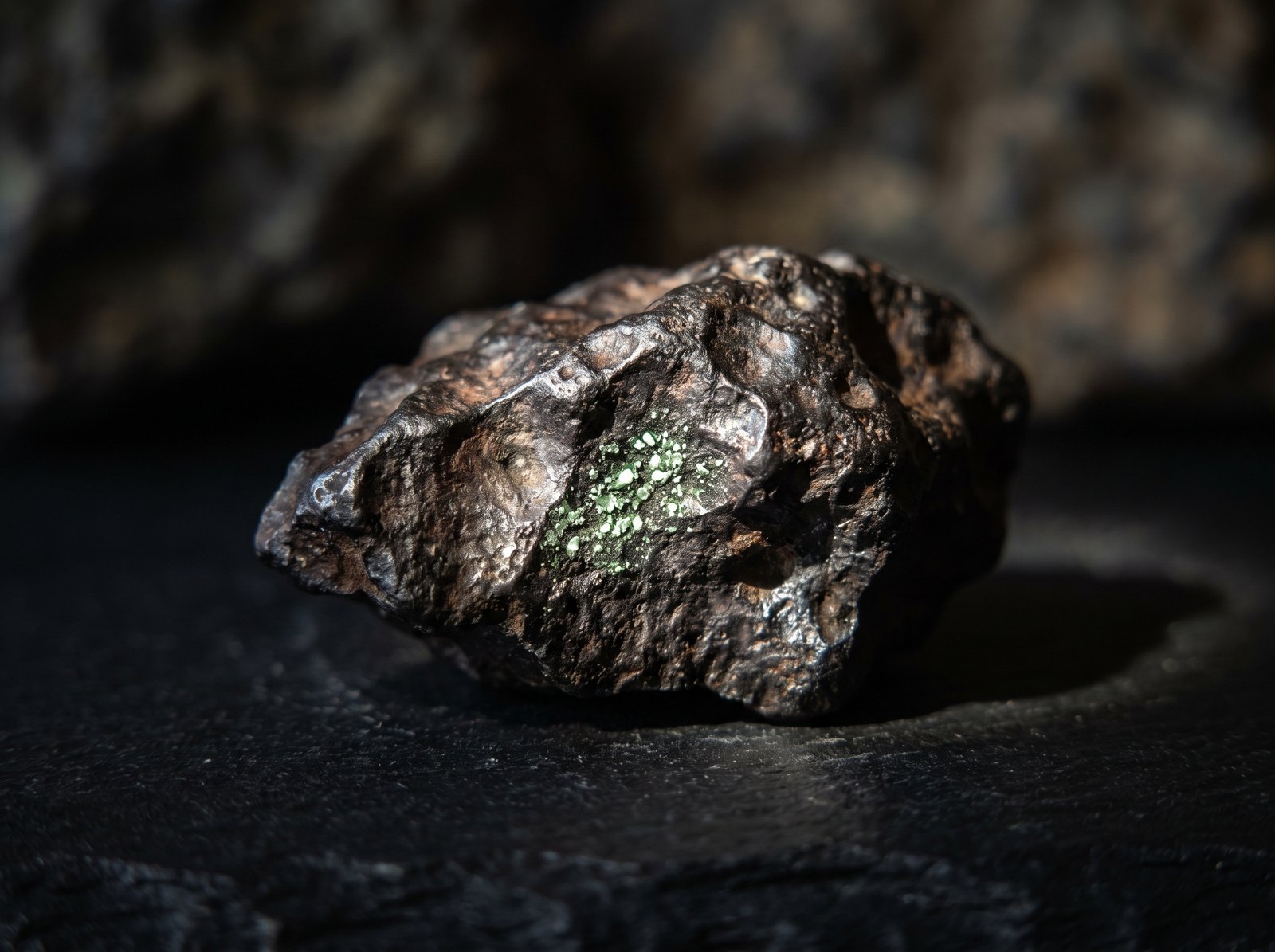 Natural moissanite crystals glinting inside a meteorite fragment