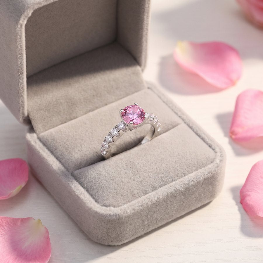 Pink pavé moissanite solitaire ring