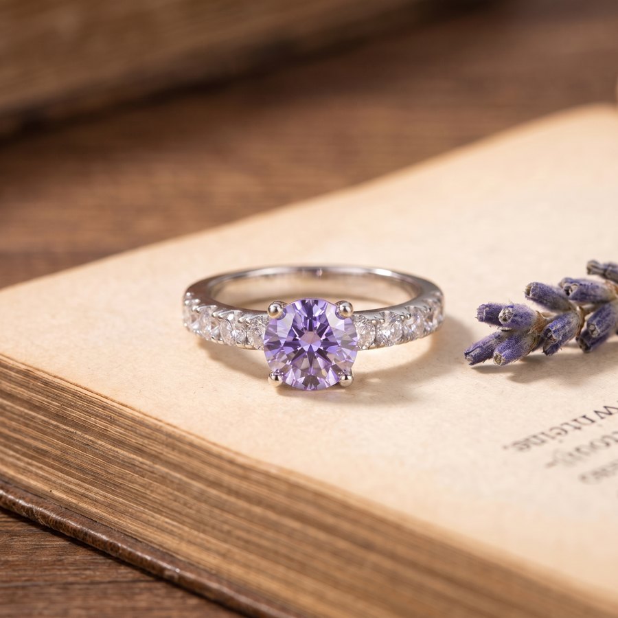 Purple pavé moissanite solitaire ring