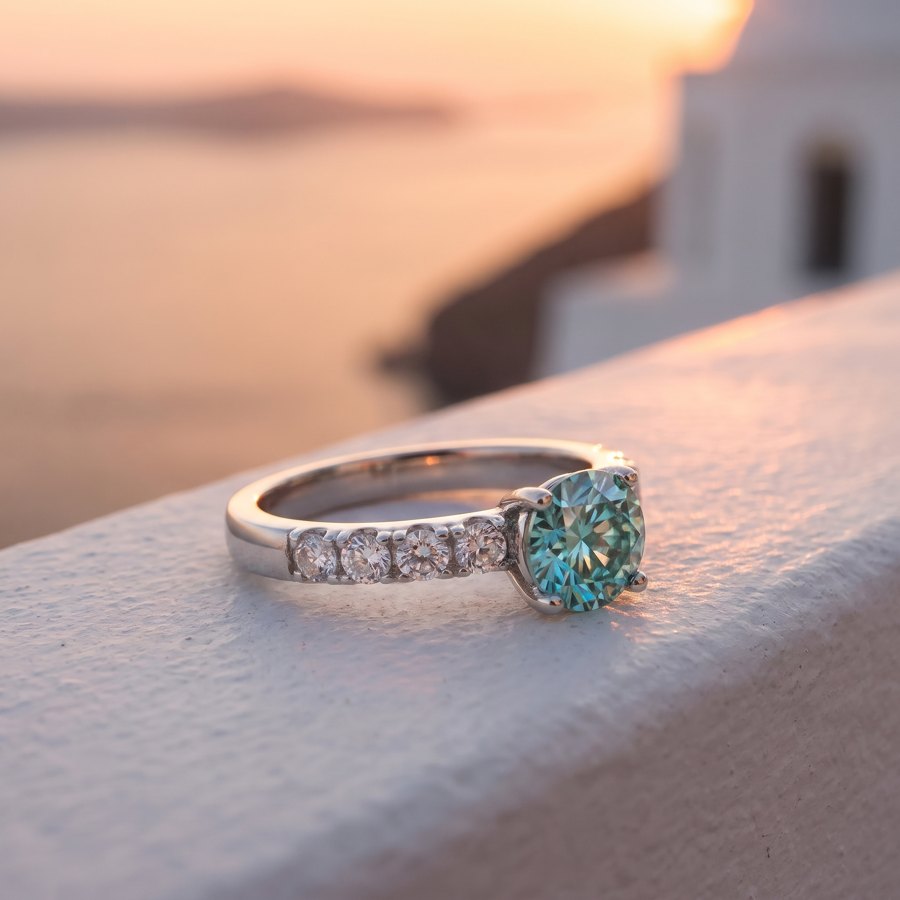 Sea Green pavé moissanite solitaire ring