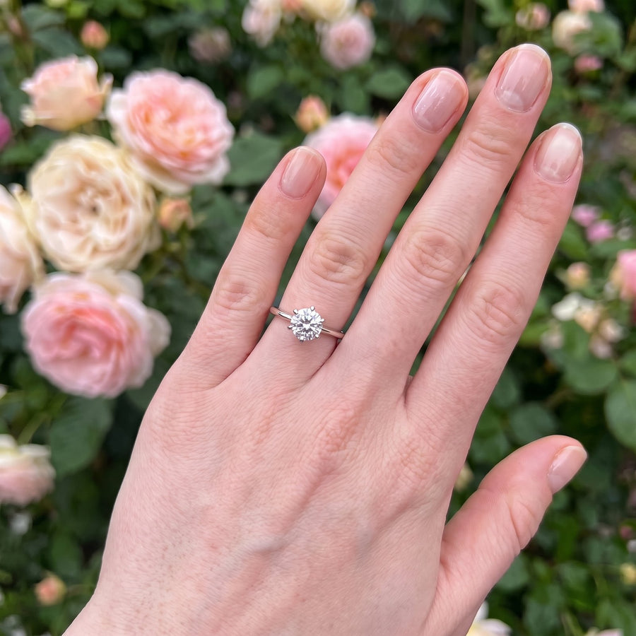 A moissanite solitaire ring worn on a hand among pink roses
