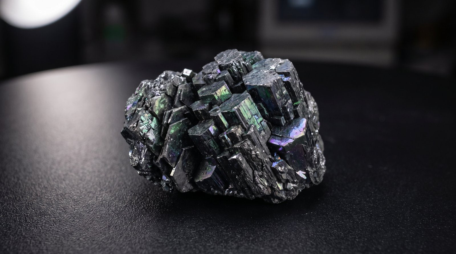 Raw lab-grown silicon carbide crystal with iridescent green and purple faces