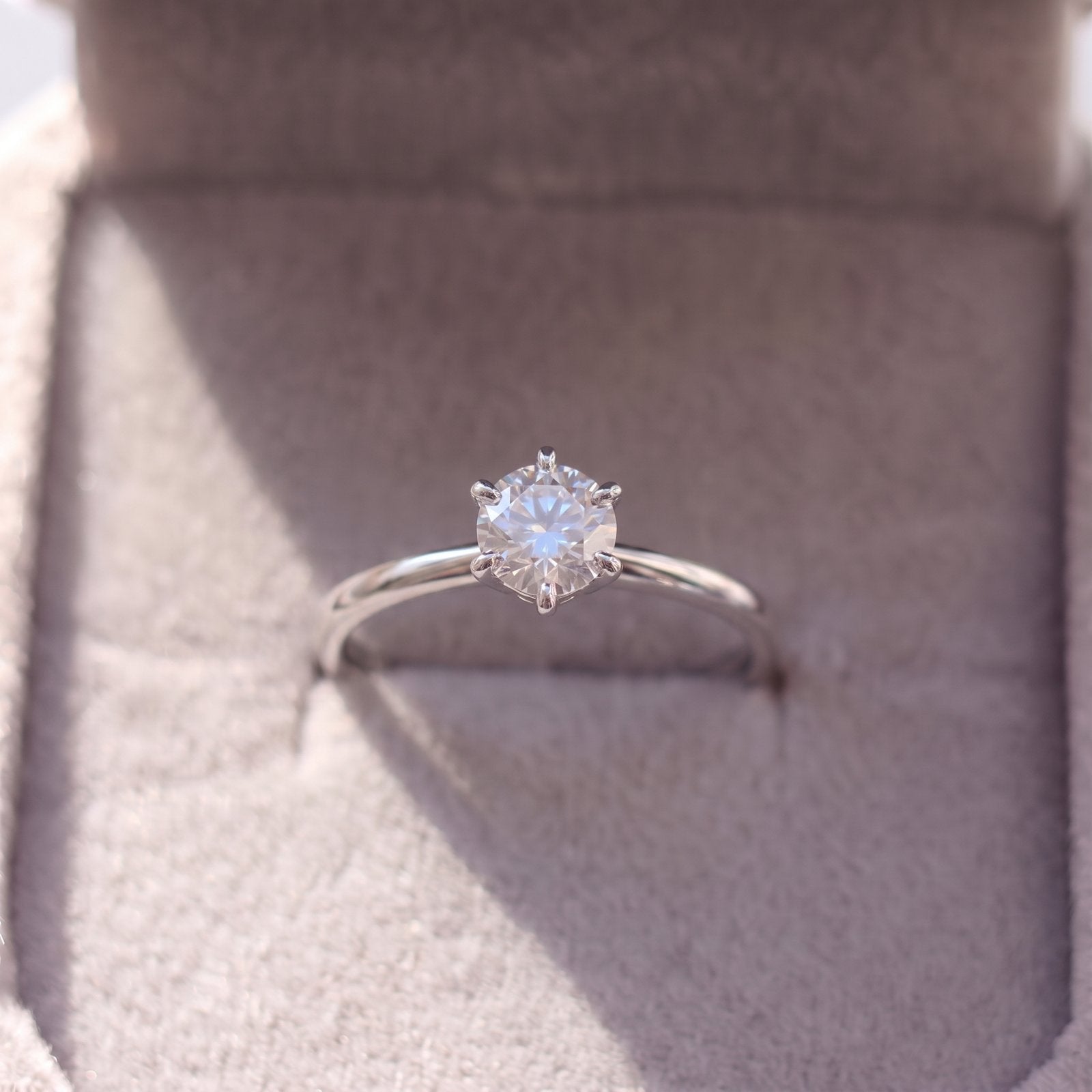 Moissanite solitaire ring in a velvet gift box